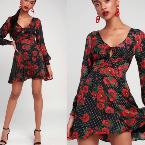 ♥️Free People Floral Polka Dot Long Sleeve Dress Valentines Day Sexy Feminine S - Picture 9 of 10